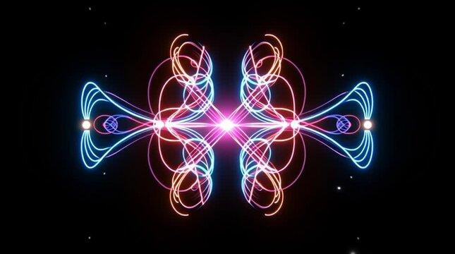 Stylized Feynman diagram with glowing neon paths and particle interaction lines, visualizing quantum physics processes in a futuristic, high-tech, and abstract scientific design.
