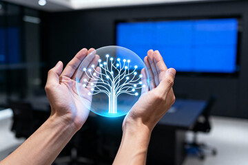 Hands holding a digital tree in a modern office setting.