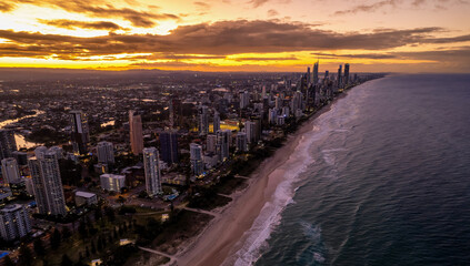 Golden hour sunset eerial view of Gold Coast on the eastern shore of Australia, about an hour south of Brisbane