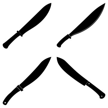 Four machetes arranged in a circular pattern with their blades pointing outwards on a white background