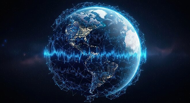 Dynamic digital network encircles glowing Earth with futuristic sound