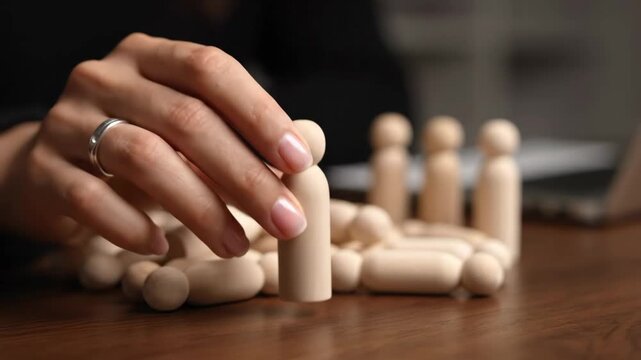 Wooden Peg People - A woman's hand with a ring is picking up one wooden peg person from a group. The group of peg people are on a brown wooden table with a laptop in the background.