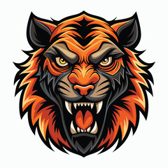 Obraz premium Fierce Tiger Mascot: A powerful and intimidating tiger face illustration with vibrant orange and black hues, exuding strength and ferocity. Capturing the essence of wild power and resilience.