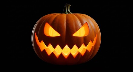 Fototapeta premium Spooky carved Halloween pumpkin glows with eerie orange light against a dramatic black background, perfect for festive decorations and seasonal promotions.