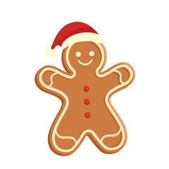 Smiling gingerbread man cookie with Santa hat symbolizing Christmas celebration and holiday cheer