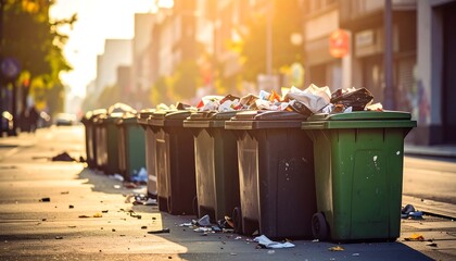 Overflowing bins line a city street at sunrise