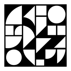 Abstract geometric composition of white shapes on black background
