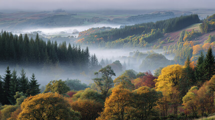 misty autumn morning in the scottish landscape, rolling hills and dense forests cover an endless expanse. picturesque scene of nature's beauty. the fog hovers over trees, early sunlight. enchanting ch