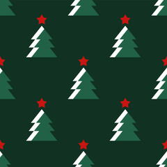 Christmas trees seamless pattern on a dark green background. Cute minimalist background for Christmas and New Year with outlined fir trees in Scandinavian style for wallpaper, textile, wrapping paper