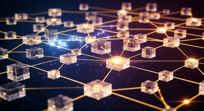 Decentralized Constellation – Glowing Blockchain Cubes Linked by Yellow Nodes in Cosmic Space