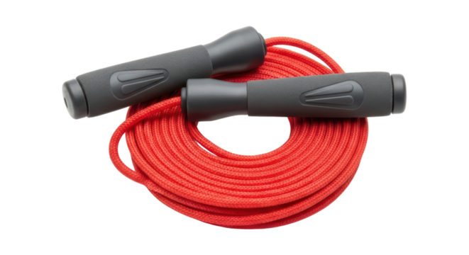 Red jump rope with black handles on transparent background for fitness workouts