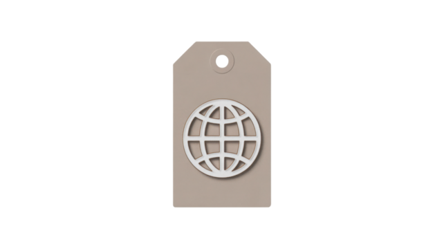 Beige product tag with globe icon isolated on a transparent background - Powered by Adobe