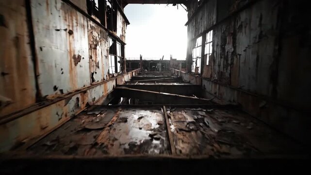 Corridor perspective in abandoned weathered rusting structure