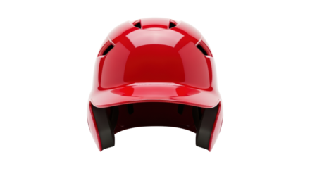 Red protective baseball helmet with ventilation holes on transparent background