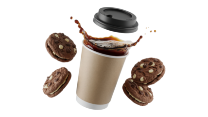 Coffee cup with splashing liquid and cookies isolated on a transparent background