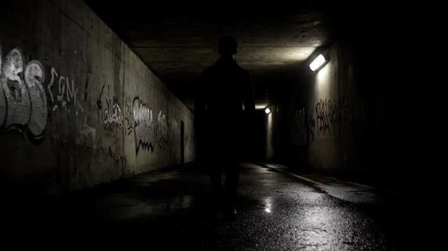 Person walking in a dark underpass with graffiti on the walls