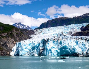 Glacier face, ice, and mountains. Large glacier with fractured ice, light blue, cascading down dark mountainsides. Water, sky, and clouds