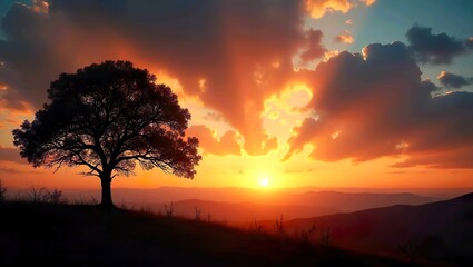 Fototapeta premium Fiery sunset paints sky behind lone tree and mountains.