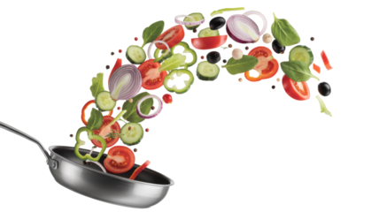 Fresh Salad Ingredients Flying Out Of Pan isolated on a transparent background