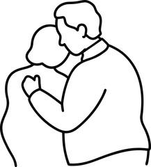 Black outline illustration of an embracing elderly couple on white background old couple hugging