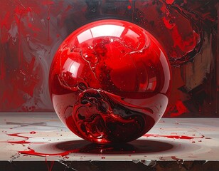 Red sphere on a textured surface. Abstract, dynamic background