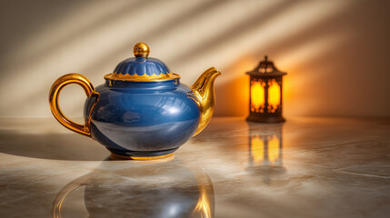 Ornate blue and gold teapot in elegant style in blue and gold for serving tea
