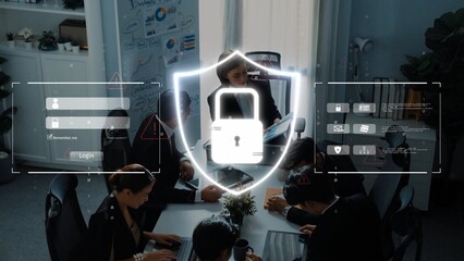 Engaging office scene showcasing a digital security concept with a lock and shield overlay, emphasizing teamwork and collaboration in a modern workspace environment. Raster