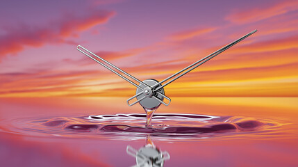 Clock hands in water reflection on colorful sunset background