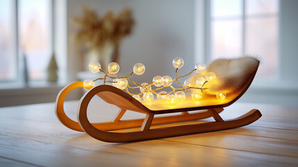 Decorative wooden sleigh with lights in warm colors for Christmas decor