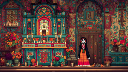 Obraz premium una imagen de un altar de muertos con una catrina pintada obra de arte colorida y tradicional mexicana de la cultura de mexico