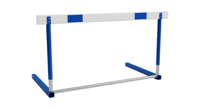 Athletic training equipment: blue and white hurdle on transparent background