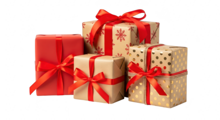 A stack of beautifully wrapped gift boxes with red ribbons, isolated on transparent background, evokes the spirit of christmas, birthdays, and special occasions, perfect for festive promotions