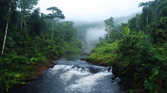A river running over smooth dark stones in a foggy rainforest, the forest dense and alive with green and the sound of falling water. 