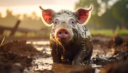 Adorable piglet in a muddy puddle at sunrise