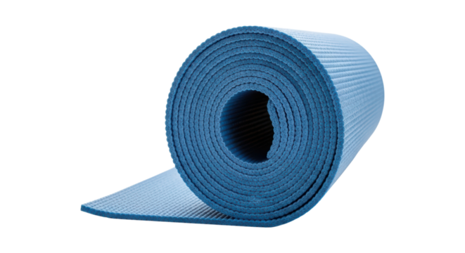 Blue rolled yoga mat for fitness and exercise on transparent background