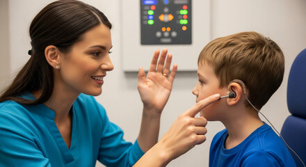 Caring female audiologist performing a hearing examination on a young boy, fitting and adjusting his new hearing aid for improved auditory health