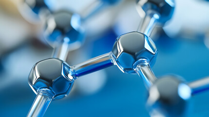 Close-up of a molecular structure with interconnected atoms, showcasing scientific research and innovation. The blue background enhances the visual appeal.