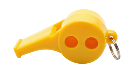 Yellow plastic whistle with keyring on transparent background