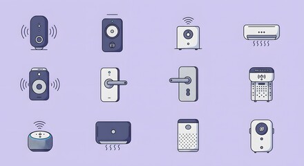 A collection of illustrated smart home devices and appliances, arranged neatly.