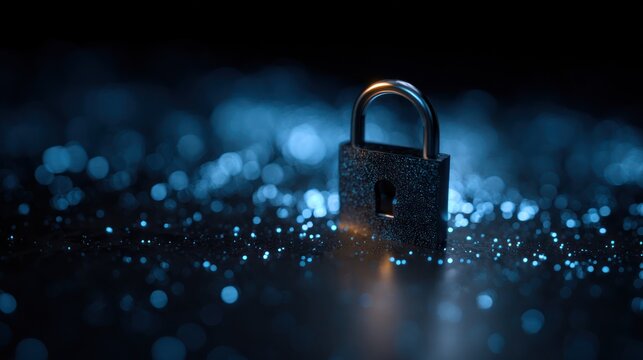 Lock symbol on digital surface with bokeh lighting