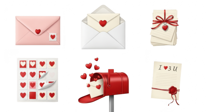 Collection of valentines day themed love letters and mail isolated on transparent background, featuring envelopes, stamps, and a mailbox adorned with hearts for romantic correspondence