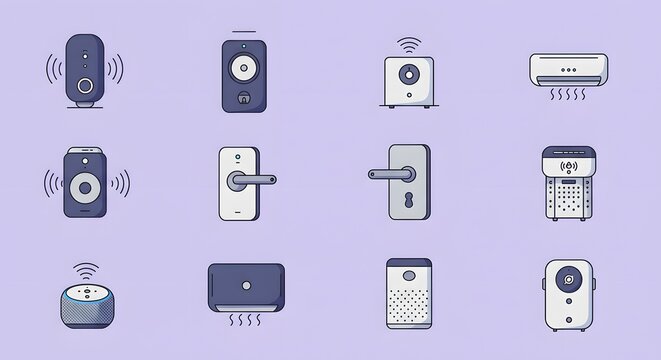 A collection of illustrated smart home devices and appliances, arranged neatly.