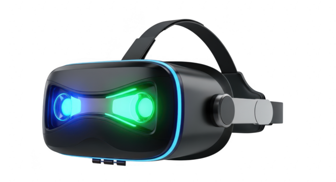 Modern vr headset isolated on transparent background, featuring sleek black design with blue and green illuminated accents for immersive virtual reality gaming and entertainment