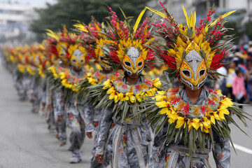 Fototapeta premium A group of people wearing masks and flower headdresses march down a street
