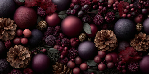 Christmas decoration with pine cone, cranberry, blueberry, and shiny ornaments. Holiday background for winter season and festive celebration.
