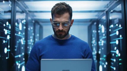 Focused Bearded Man in Blue Sweater Working on Laptop in Data Center - Powered by Adobe