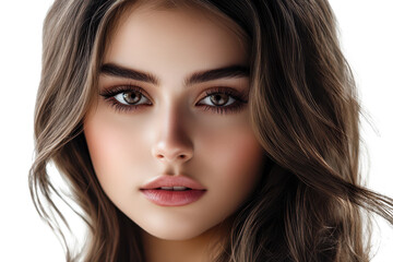 Fototapeta premium Beautiful woman poses with a soft expression showing elegance and natural beauty in an indoor setting with soft light on her face