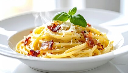 Delicious spaghetti dish with basil and parmesan cheese on white plate
