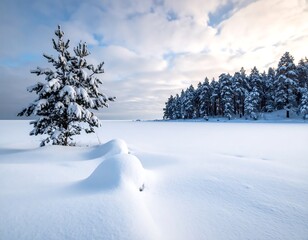 Snowy winter landscape with a lone pine tree