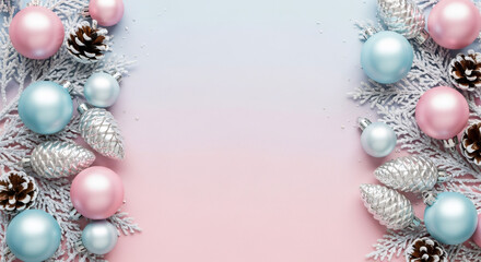 Christmas ornament with frosted branches and pine cones on a pastel background. New Year composition for holiday card or decorative banner.